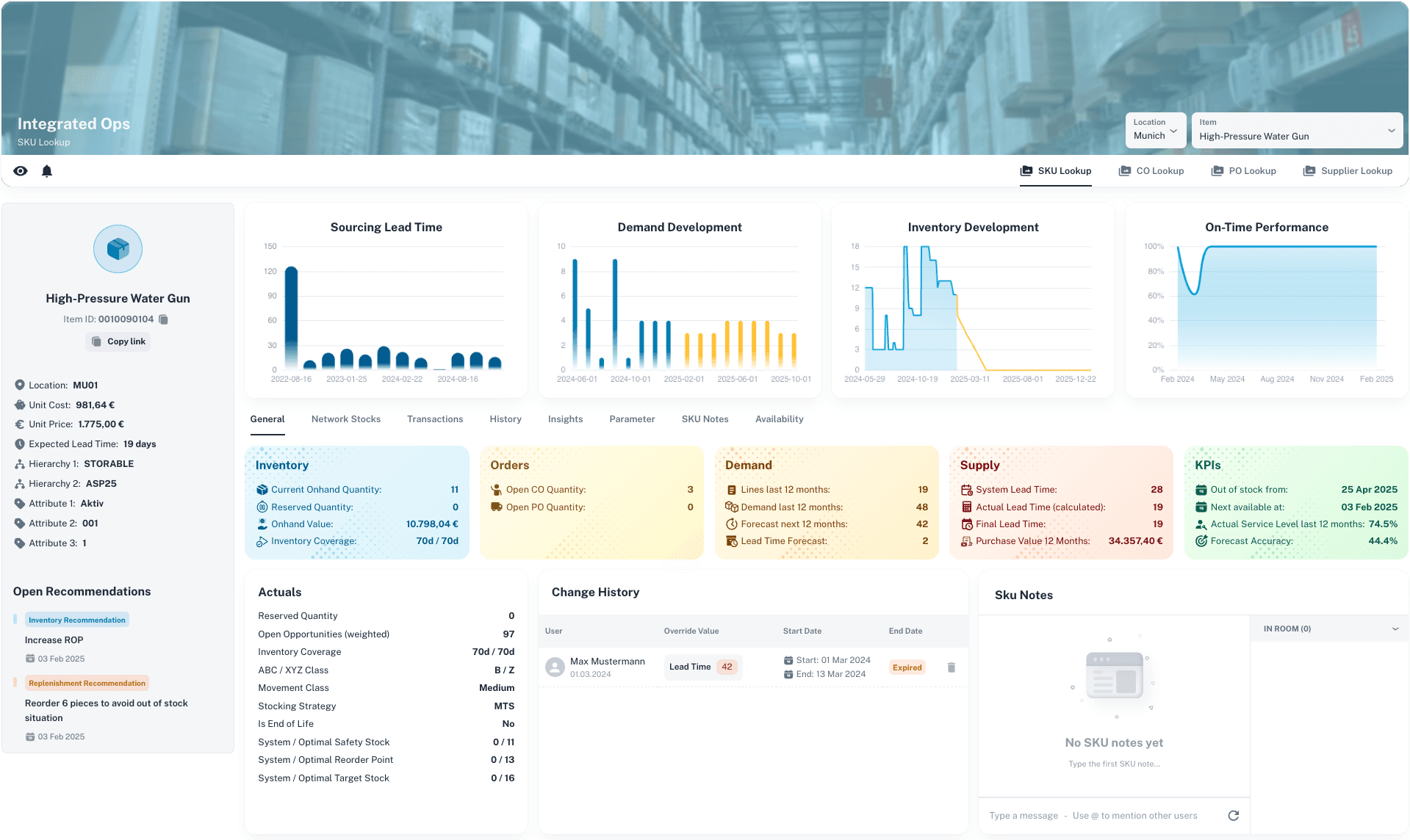 Screenshot of the numi integrated operations view showing transactional details, suppliers, and operational signals.