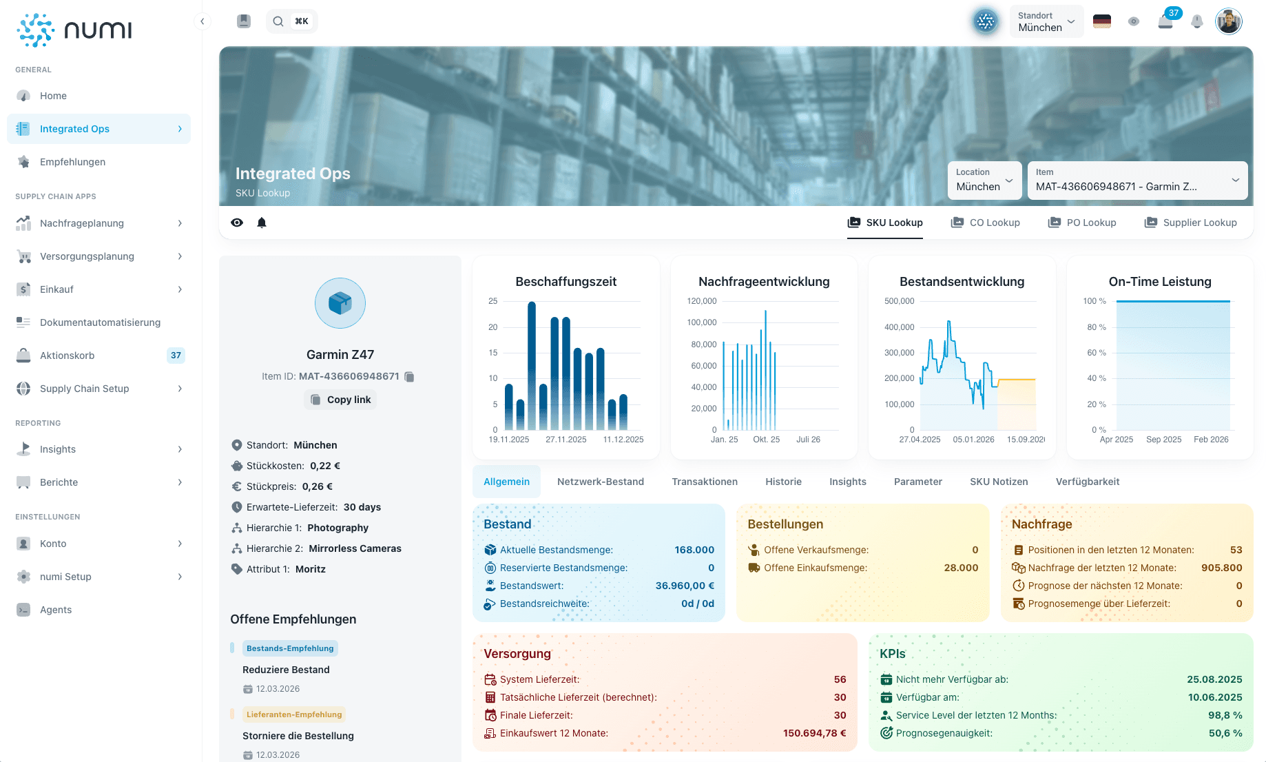 Integrated-Ops-Ansicht für Ersatzteilrisiken in numi