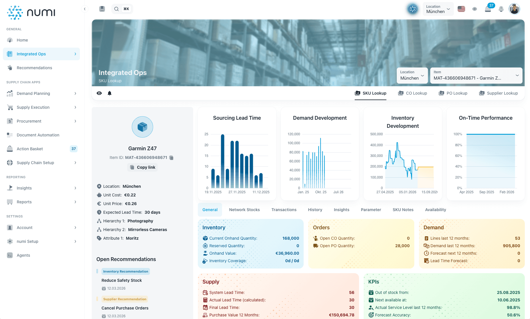 Integrated operations view combining item, BOM, inventory, order, and supplier data in one operational screen