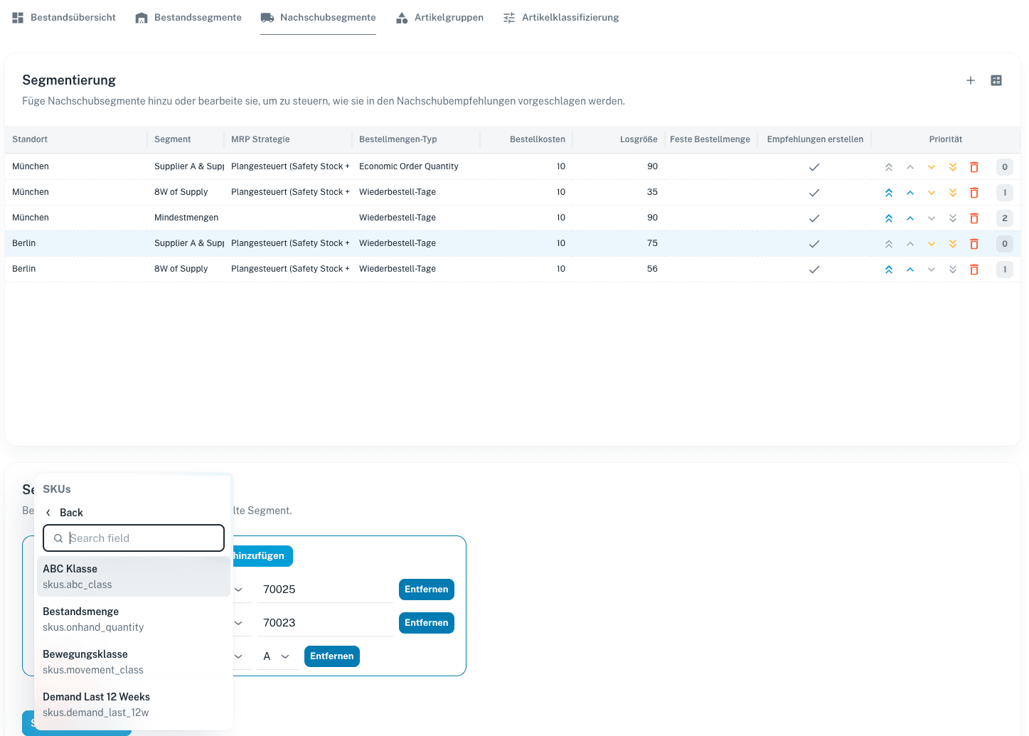 Screenshot der numi Einkaufssoftware mit Segmentierungsübersicht für Wiederbeschaffung, Prioritäten, Bestelllogik und Lead Times.
