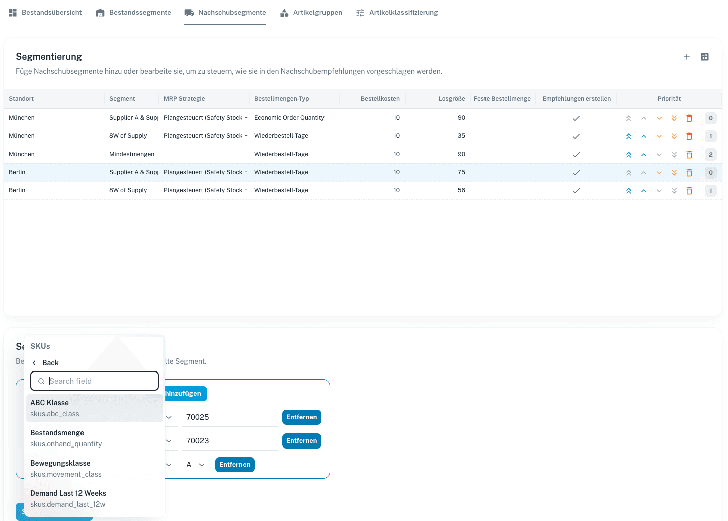 Screenshot der numi Einkaufssoftware mit Segmentierungsübersicht für Wiederbeschaffung, Prioritäten, Bestelllogik und Lead Times.