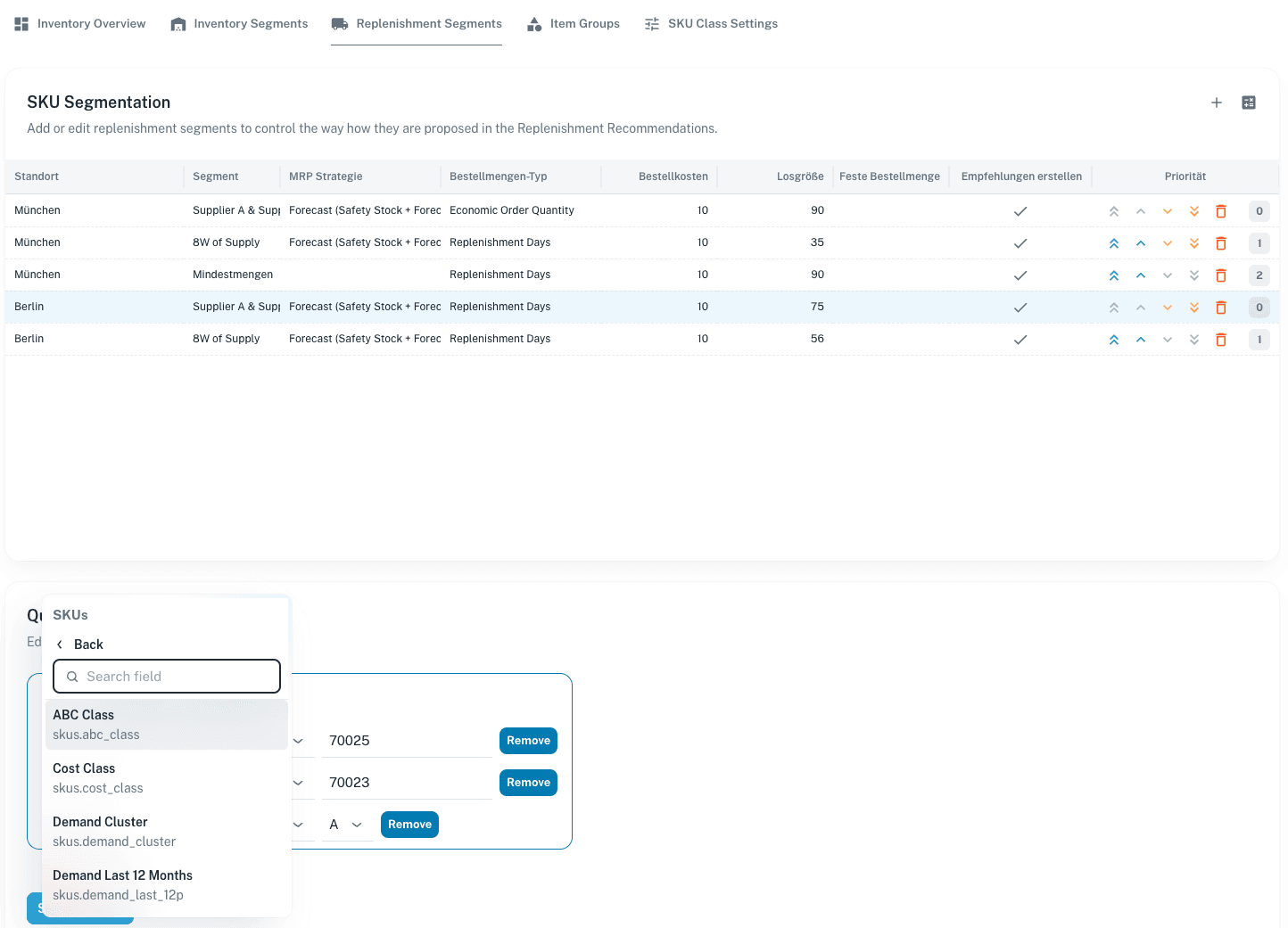 Screenshot of numi purchasing software showing replenishment segmentation, priorities, order logic and lead times.