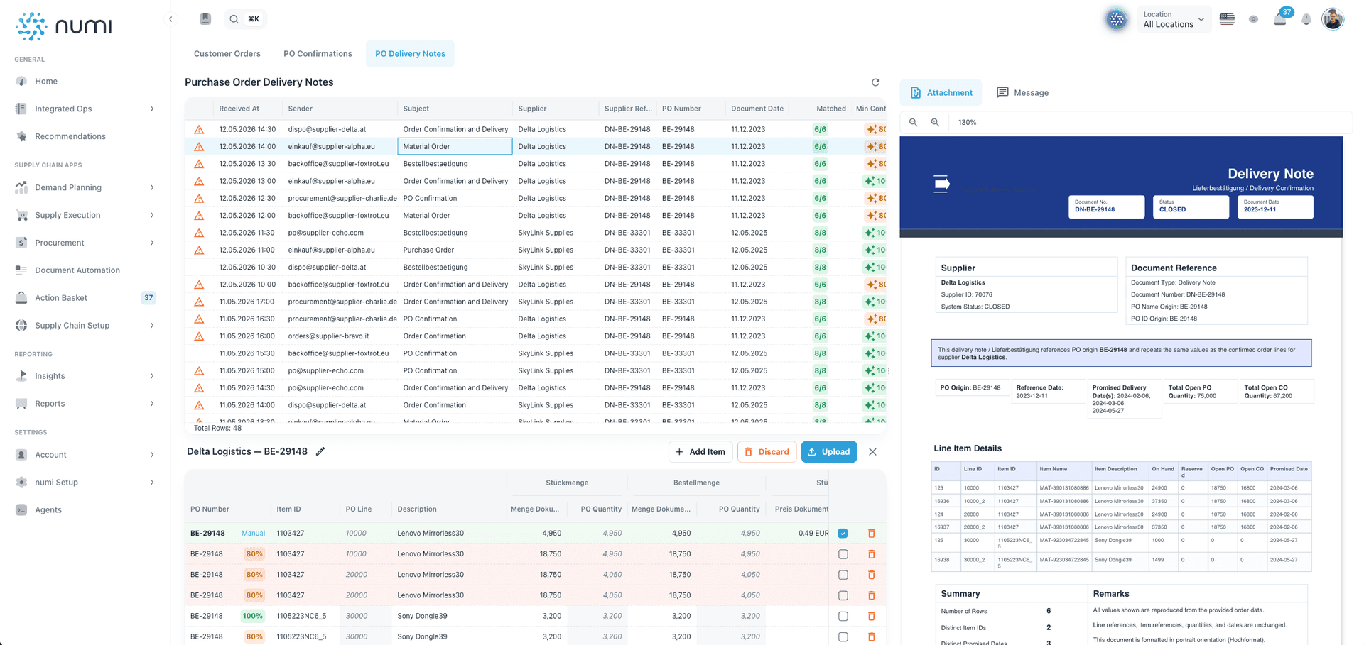 Delivery note open in numi document automation software.