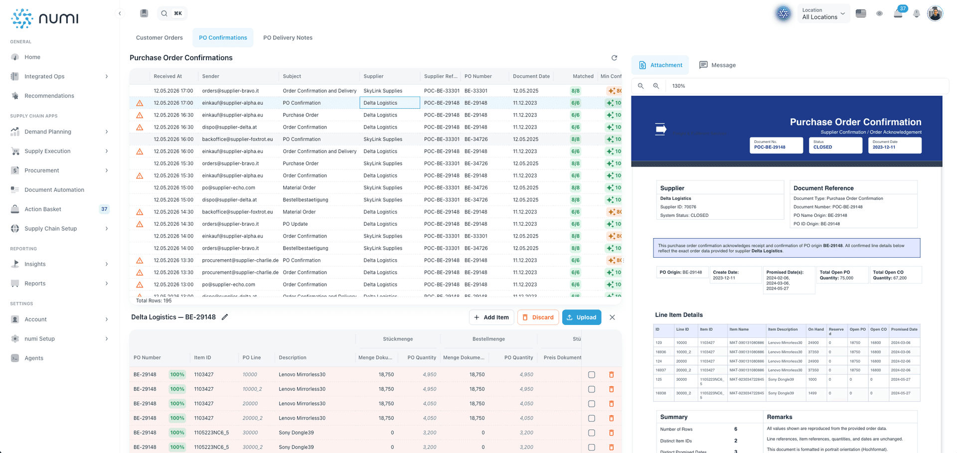 Purchase order confirmation open in numi document automation software.