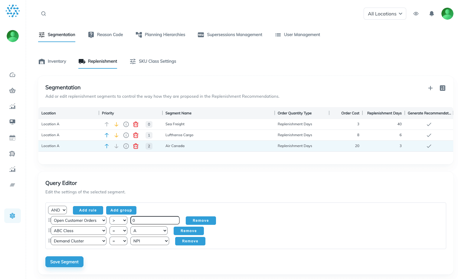Screenshot of the numi procurement software showing the replenishment segmentation overview with priorities, segment names, order quantity types and lead times, and a query editor for defining rules based on open customer orders, ABC class, and demand clusters.