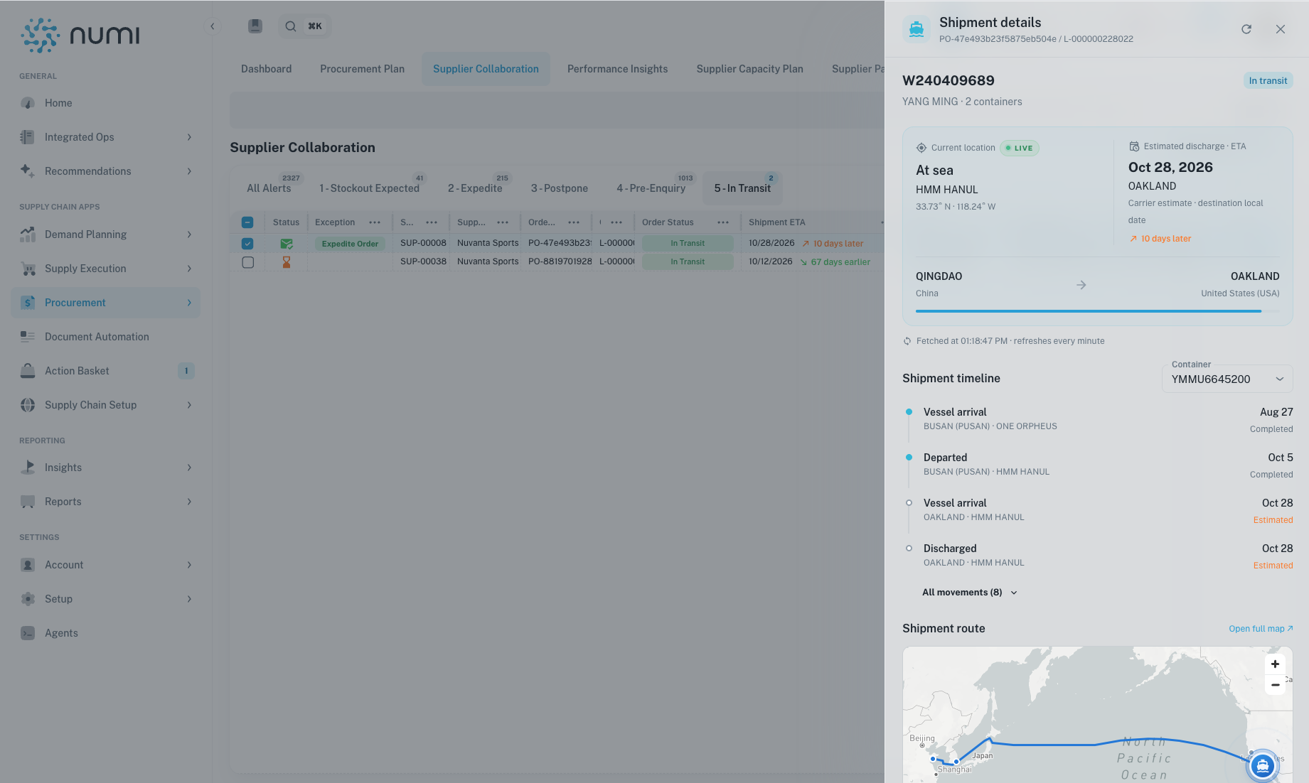 numi shipment details with estimated discharge, delivery delay, shipment timeline and vessel map